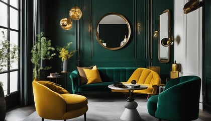 A contemporary living area featuring a deep emerald green sofa with vibrant mustard and grey pillows