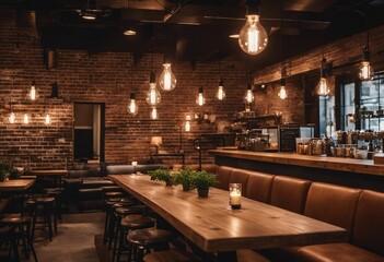 A chic, urban coffee shop interior with exposed brick walls, hanging Edison bulbs, and reclaimed  - Powered by Adobe
