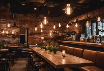 Foto op Canvas A chic, urban coffee shop interior with exposed brick walls, hanging Edison bulbs, and reclaimed  © vanAmsen