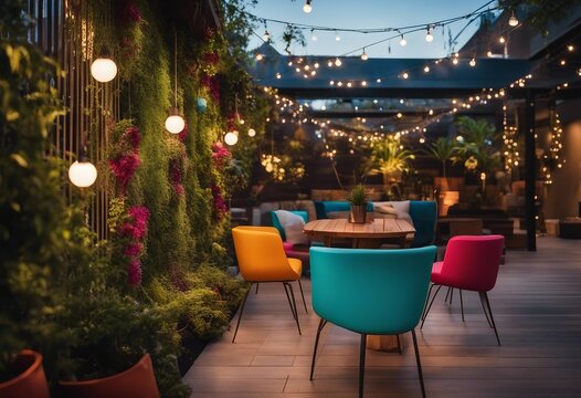 A vibrant outdoor terrace with a vertical garden, string lights, and colorful patio furniture