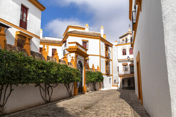 The pretty alleys around the bullring in Seville, Spain. Concept of Andalusian architecture.