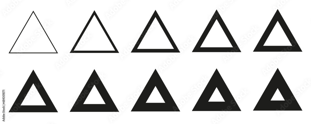 Poster triangle set from thin to thick line, set of geometric shapes form, triangle icons collection, diffe