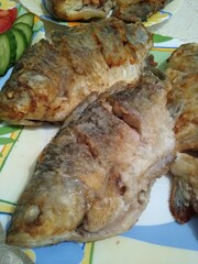 Fried crucian fish on a plate in large quantities with cucumbers and tomatoes