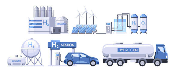 Hydrogen Production Involves Extracting Hydrogen From Natural Gas, Water, Biomass Through Processes Vector Illustration - obrazy, fototapety, plakaty