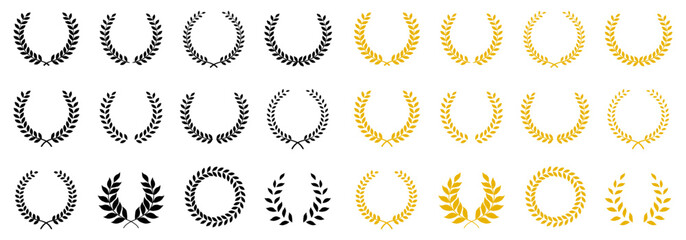 Laurel wreath of victory icon. Set black and gold silhouette circular laurel foliate, wheat and oak wreaths depicting an award, achievement, heraldry, nobility. Emblem floral greek branch flat icons - obrazy, fototapety, plakaty