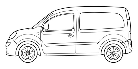 Classic compact van car. Side view shot. Outline doodle vector illustration