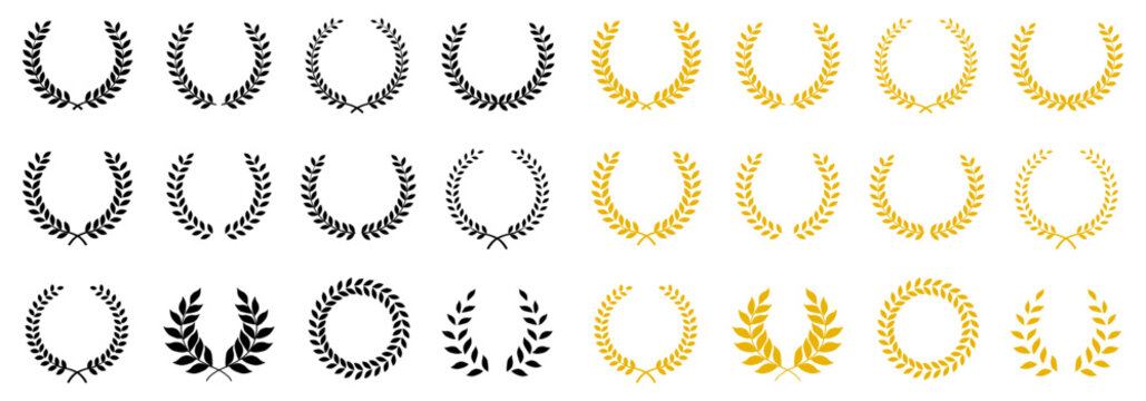 Laurel wreath of victory icon. Set black and gold silhouette circular laurel foliate, wheat and oak wreaths depicting an award, achievement, heraldry, nobility. Emblem floral greek branch flat icons