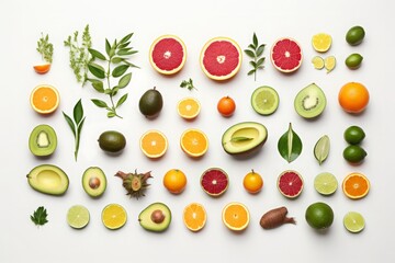 Different types of tropical fruits on a white background