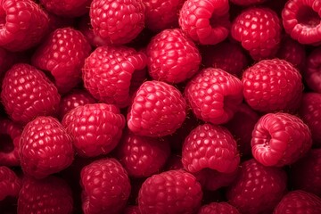 Background with juicy red raspberries, close-up view from above.
