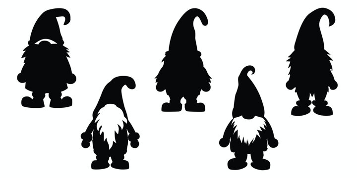 Set of black and white Christmas gnomes. Christmas gnomes silhouette set. Vector illustration