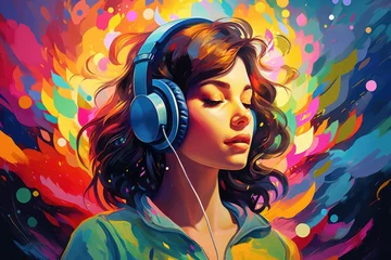Rollo Portrait of beautiful young woman listening to music with headphones. Vector illustration, A girl with headphones in a colorful vivid background, An illustration of, AI Generated © Ifti Digital