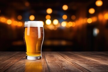 Glass of beer on a wooden table in a pub or restaurant, A glass of beer on a wooden board and blurred bar background, Free space for decoration, AI Generated