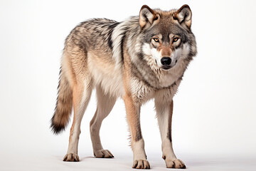 Wolf standing on a white background. Beautiful animal right-side portrait