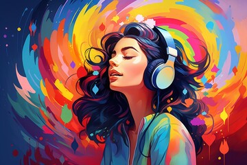 Beautiful girl listening to music with headphones on colorful background. Vector illustration, A...