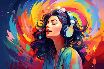 Schilderijen op glas Beautiful girl listening to music with headphones on colorful background. Vector illustration, A girl with headphones in a colorful vivid background, An illustration of auditory, AI Generated © Ifti Digital