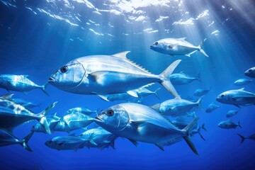 Fototapeta premium Tuna fish swimming underwater in deep blue ocean. Underwater world, A large school of Trevally swimming in the deep blue tropical ocean, AI Generated