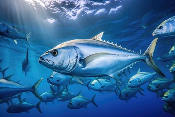 Fototapeta premium Tuna fish swimming in the blue sea. Underwater world, A large school of Trevally swimming in the deep blue tropical ocean, AI Generated