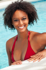 Sexy African American Woman Girl In Swimming Pool Wearing Red Bikini
