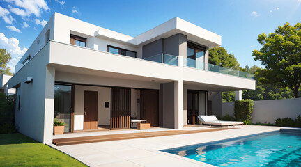 Modern luxury white and gray house with swimming pool, green lawn, and outdoor patio under a clear blue sky, ideal for real estate and architectural design projects.
