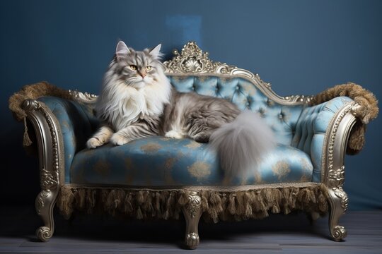 Fluffy cat on the sofa. Royal pet in luxury apartments.
