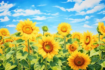 Obraz premium Watercolor depiction of a sunflower field with a bright blue sky overhead