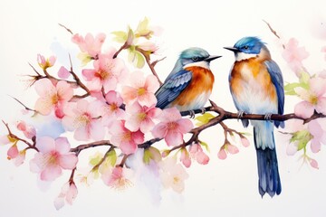 Watercolor illustration of colorful birds perched on a blossoming tree branch