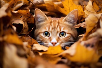 Mischievous cat peeking out from a pile of autumn leaves