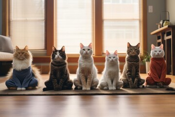 A series of cats in different yoga poses on a peaceful morning