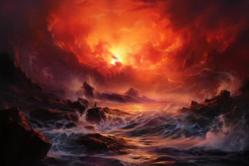 Painting capturing the clash of a fiery sunset and icy waters