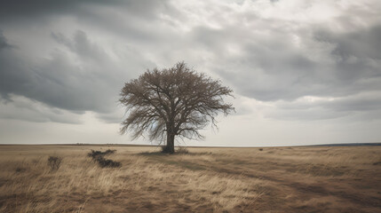 Solitary Vigil: A Lone Leafless Tree Under a Brooding Sky in a Vast Open FieldAI generativ