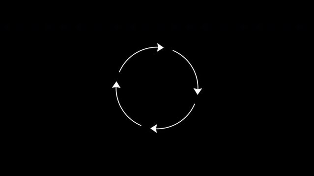 Circle arrows rotation. Reveal and hide the animation of solid, dashed, and dotted arrows. Isolated on a black background.