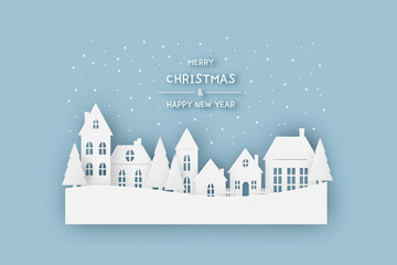 Countryside village landscape in winter on a snowy day. Happy New Year and Merry Christmas, paper art, digital craft style, vector illustration.
