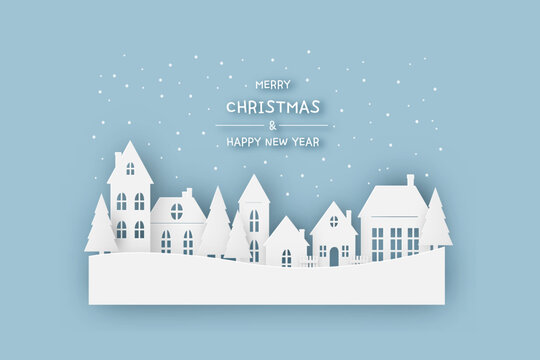 Countryside village landscape in winter on a snowy day. Happy New Year and Merry Christmas, paper art, digital craft style, vector illustration.