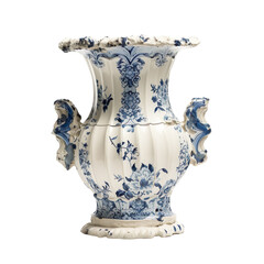 front view of old and broken French Provincial Faience vase isolated on a white transparent background 