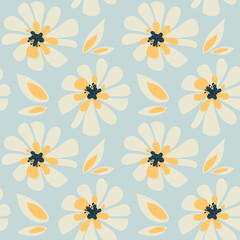 blue background with simple flowers seamless print. cute rustic pattern with flowers in pastel colors. cozy decor in natural style