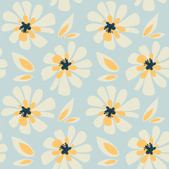 blue background with simple flowers seamless print. cute rustic pattern with flowers in pastel colors. cozy decor in natural style