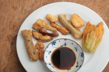 tempura with zucchini flowers as gourmet food