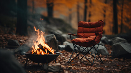 a chair stands next to a fire against the backdrop of an autumn forest