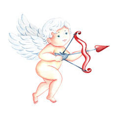 Cute charming Cupid with a bow and arrow. Baby Cupid, little angel or god Eros. Watercolor illustration, hand-drawn. Conceptual design for Valentine's Day and wedding. For postcards, print, packaging