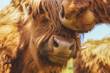 cute portrait of scottish highland cows in a close up