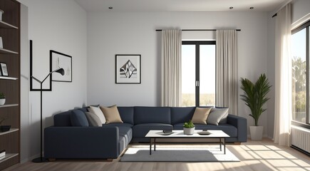 Naklejka na ściany i meble Luxury Home Interior with Window View of Architecture and Condominium