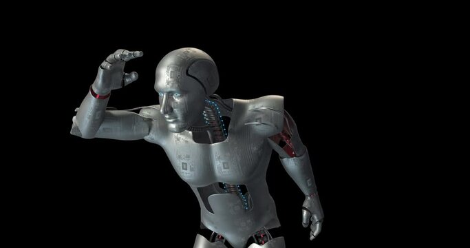 Curious AI Bionic Robot Looking Around. Alpha Channel. Technology Related 3D Animation.
