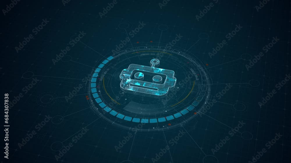 Poster motion graphic of blue digital robot head logo and 3d circle futuristic hud elements with ai chatbot