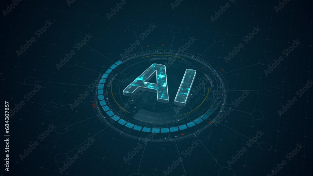 Poster motion graphic of blue digital ai letter and 3d circle futuristic hud elements with ai chatbot and m