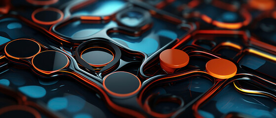 Futuristic 3D abstract background with vibrant hues and technical elements.