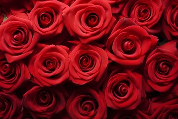 Red roses, background with flowers, close-up view from above.