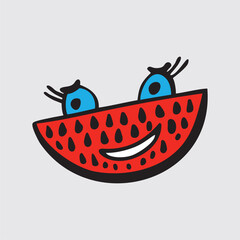 Cute watermelon fruit vector, Fruit with face, Happy watermelon vector, Summer fruit with eyes, Kids funny illustration. Doodle