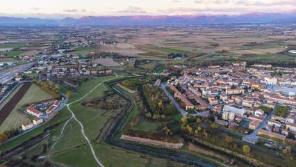 Palmanova, aerial view, old city, purple sunset, Italy