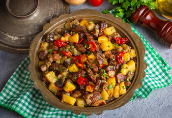 From Turkish cuisine; meat, vegetable kebab, casserole. Turkish name; Maras Tava or Kahramanmaras Tava - Orman Kebabi