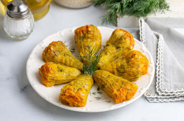Traditional delicious Turkish - Greek cuisine, Turkish food; Stuffed zucchini flowers (Turkish name; kabak cicegi dolmasi)